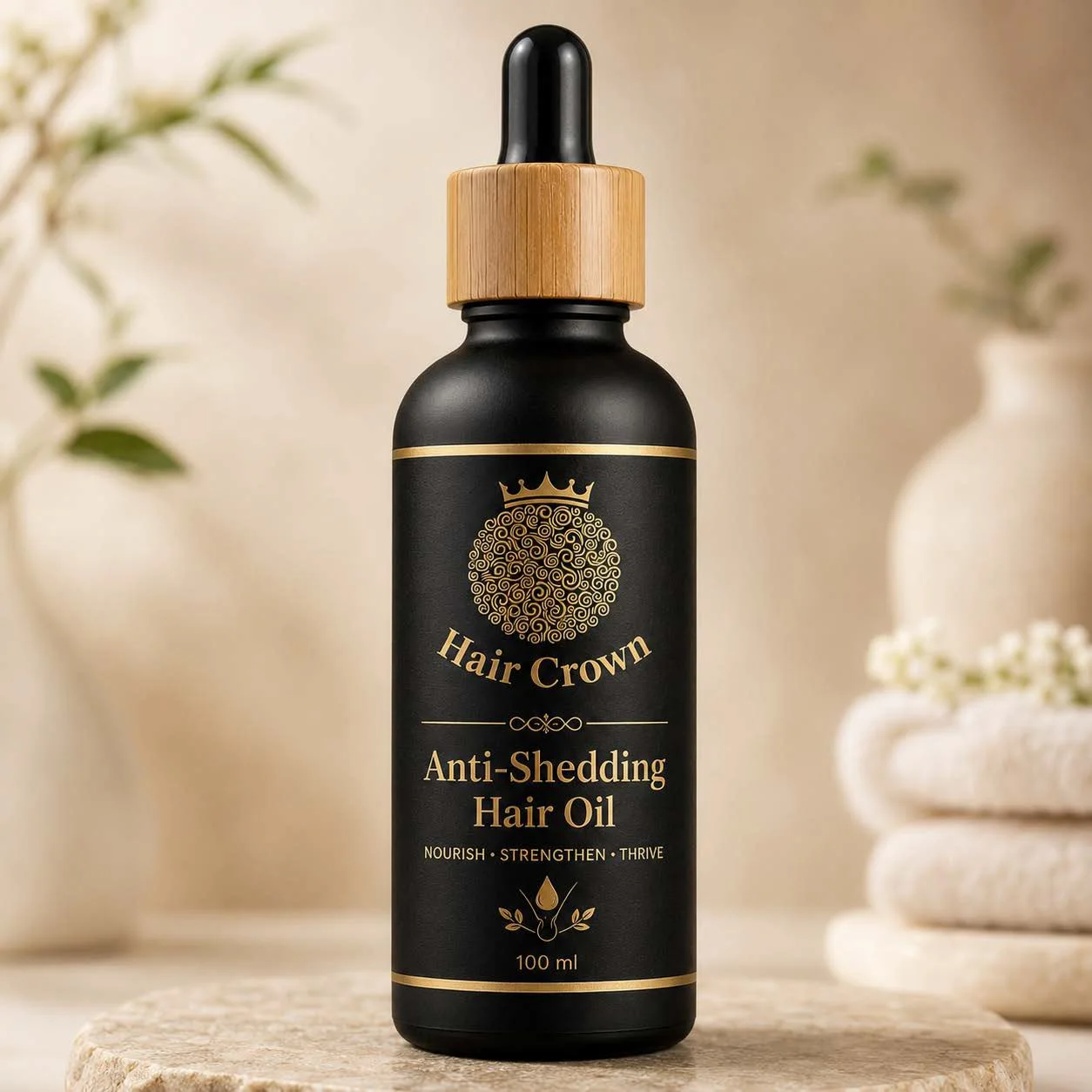 Hair Crown Anti-Shedding Hair Oil in a black glass bottle