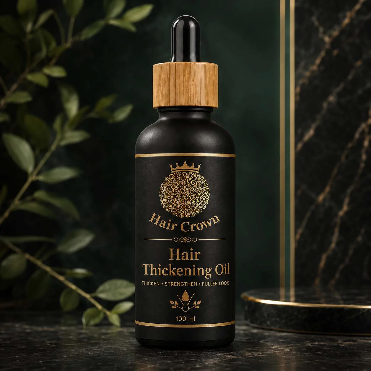Hair Crown Hair Thickening Oil in a black glass bottle